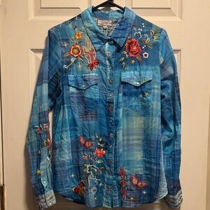 Johnny Was Cara Westward Embroidered Blue Plaid Button-Up Shirt.